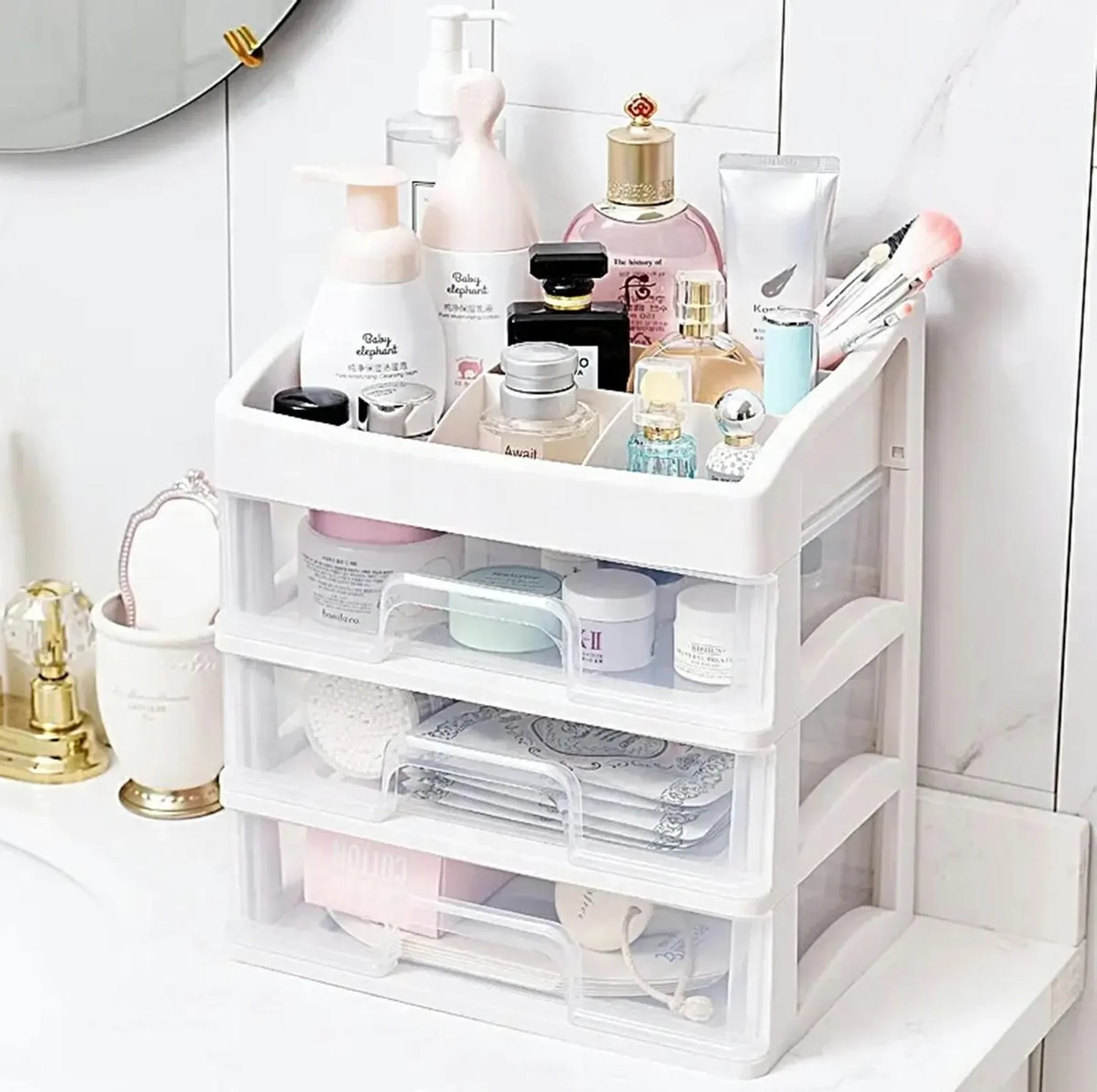 APT® Kosmetik-Organizer mit 3 Schubladen – Weiß/Transparent